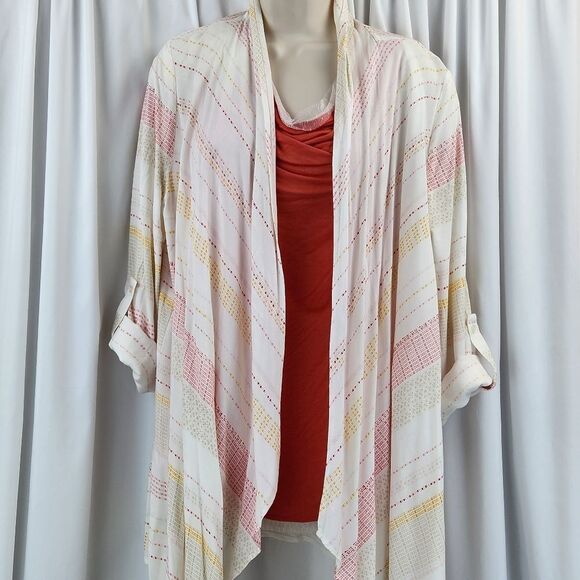 🍑Cato Ivory Striped Lightweight Adjustable Roll Tab Long Sleeve Duster Large - Picture 3 of 14